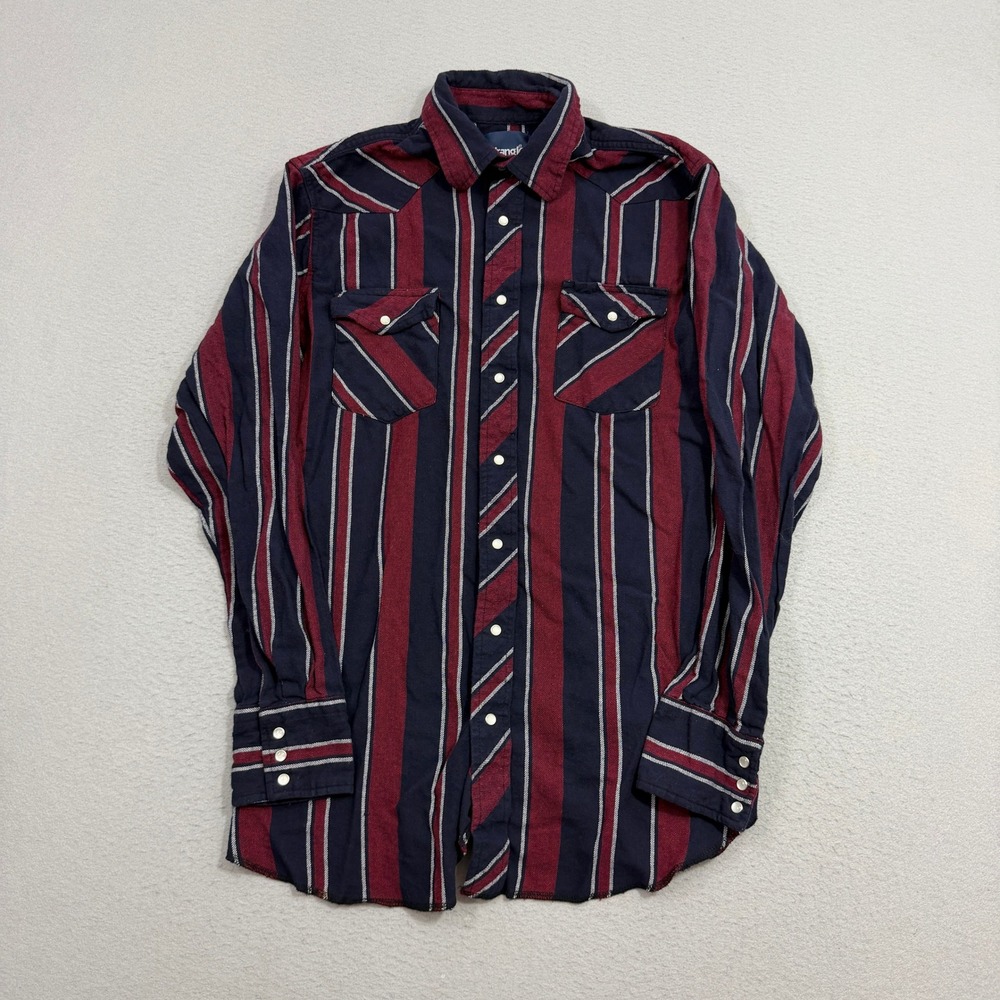 Vintage Wrangler Shirt Medium Red Striped Western Pearl Snap Long Sleeve Flannel